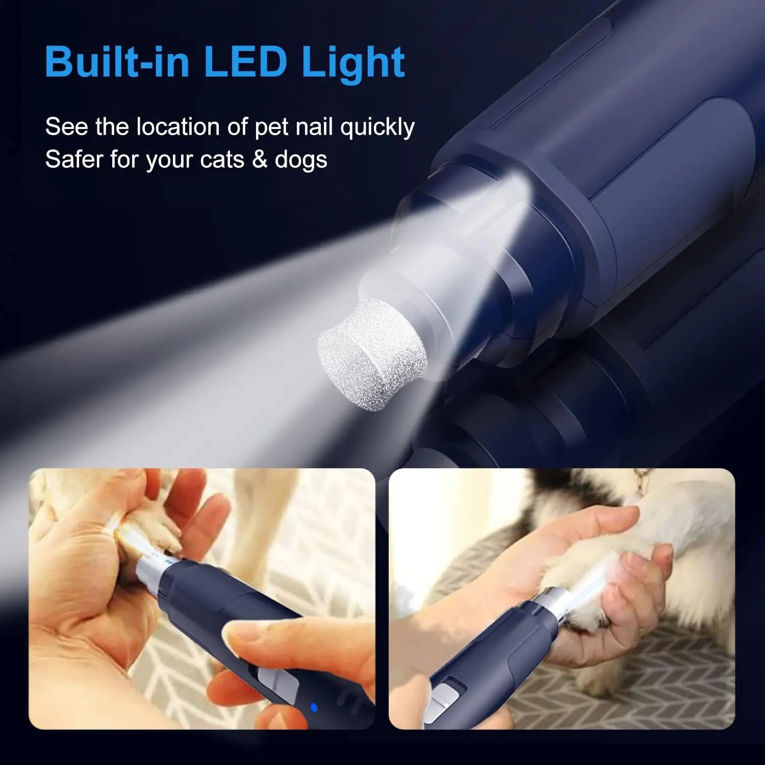 LED Dog Nail Grinder – Quiet & Rechargeable Pet Nail Trimmer with 2-Speed Motor and Safety Light